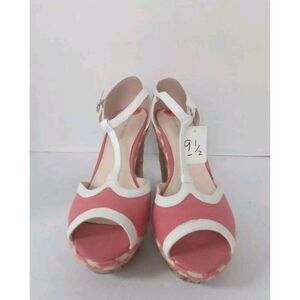 Retro Coral Pink White T-Strap Cork Wedge Sandal Peep‎ Toe Summer Shoes Size 9.5